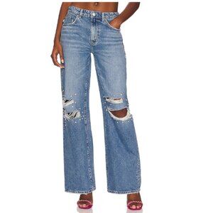 Lovers + Friends Kade Low Rise Distressed Embellished Wide Leg Jeans